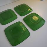 4 transparent green glass plates. Vintage 70s.