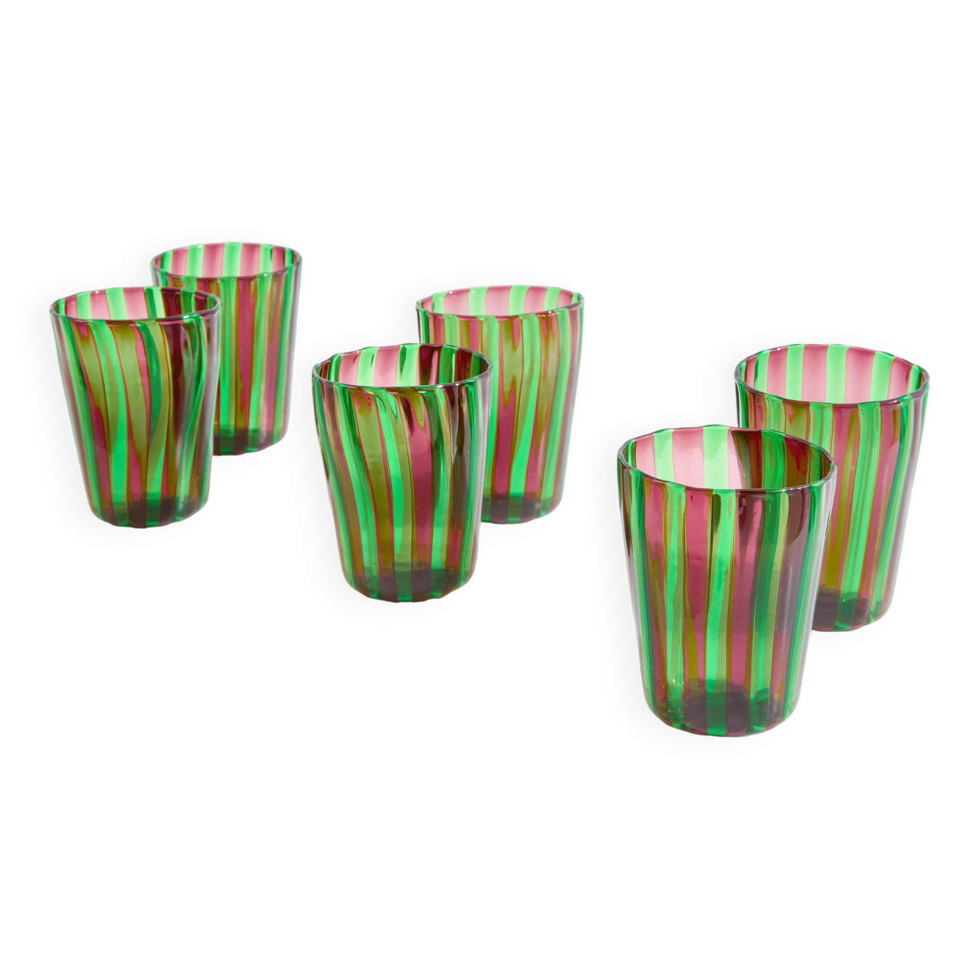 Set of 6 green and purple Murano tumbler glasses circa 1980