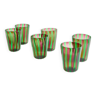 Set de 6 verres gobelets vert et violet Murano vers 1980