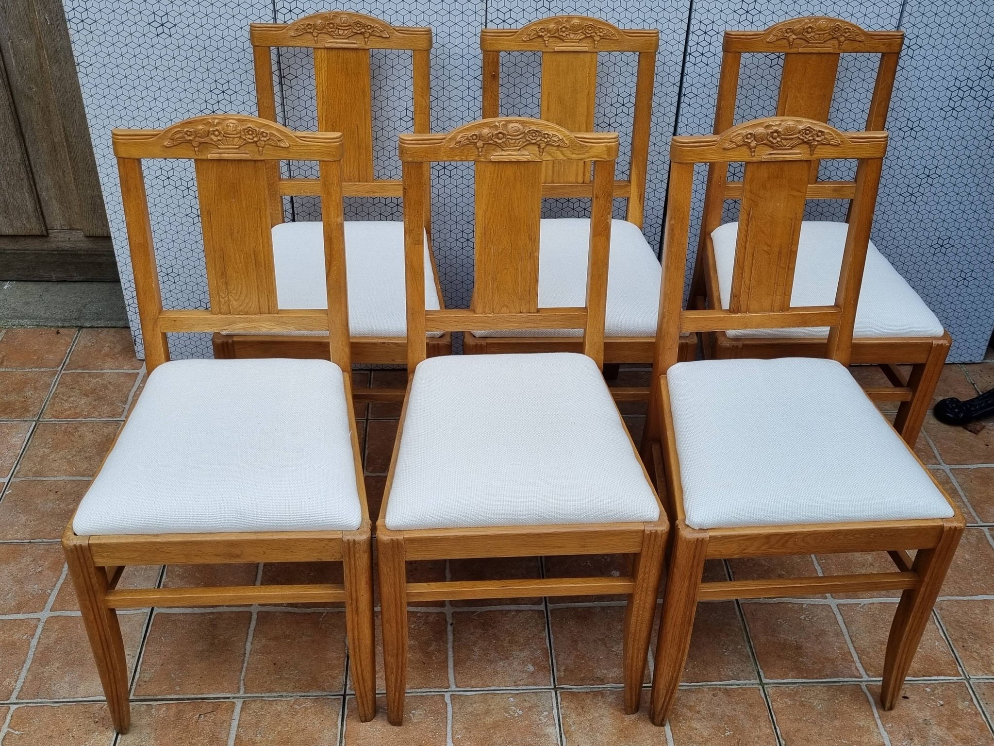 Set of 6 oak chairs, refurbished, Art Deco style, vintage, France