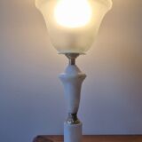 Neo-Empire style table lamp in alabaster and brass - V-shaped tulip shade