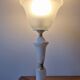 Neo-Empire style table lamp in alabaster and brass - V-shaped tulip shade