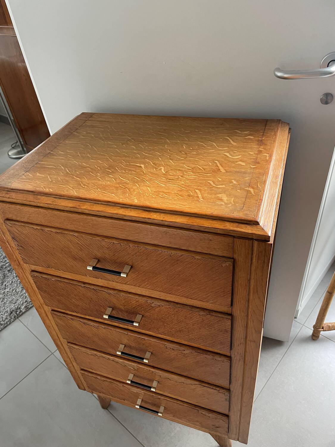 High chest of drawers with 5 drawers, vintage oak, 1950s