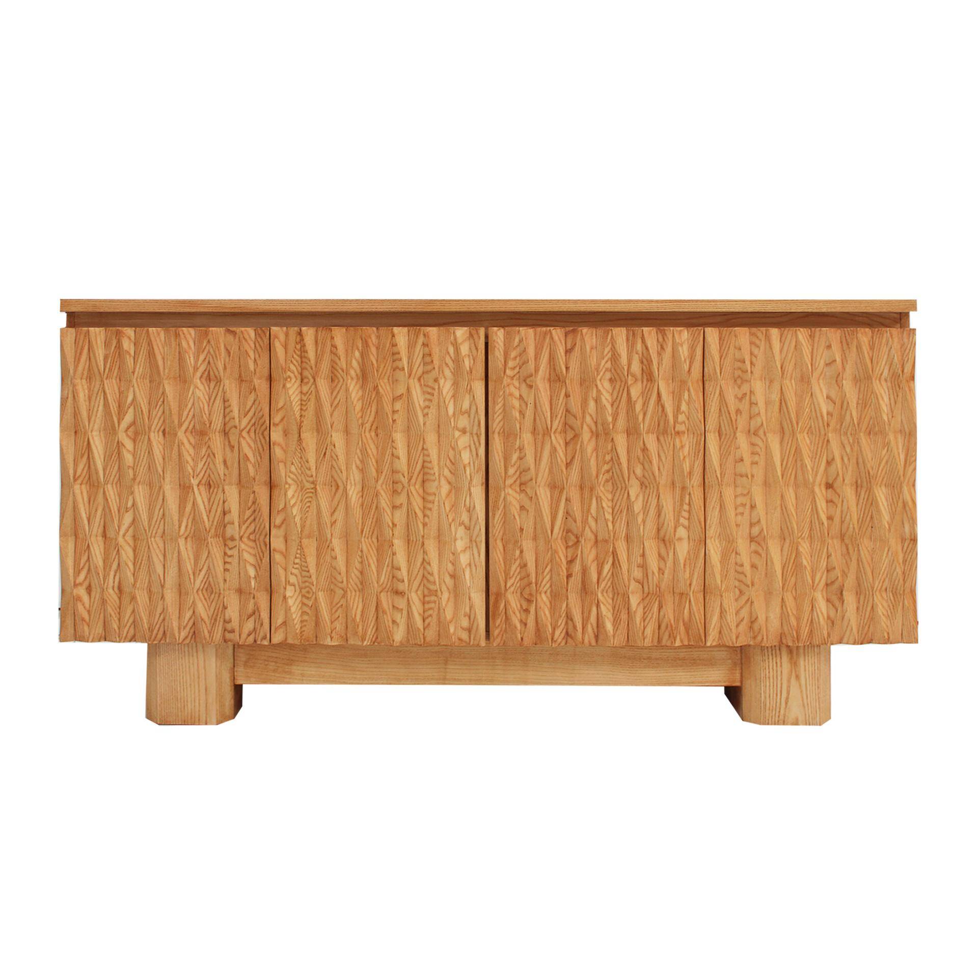 Hand-Carved Solid Oak Italian Sideboard with Four Doors, Brutalist Style