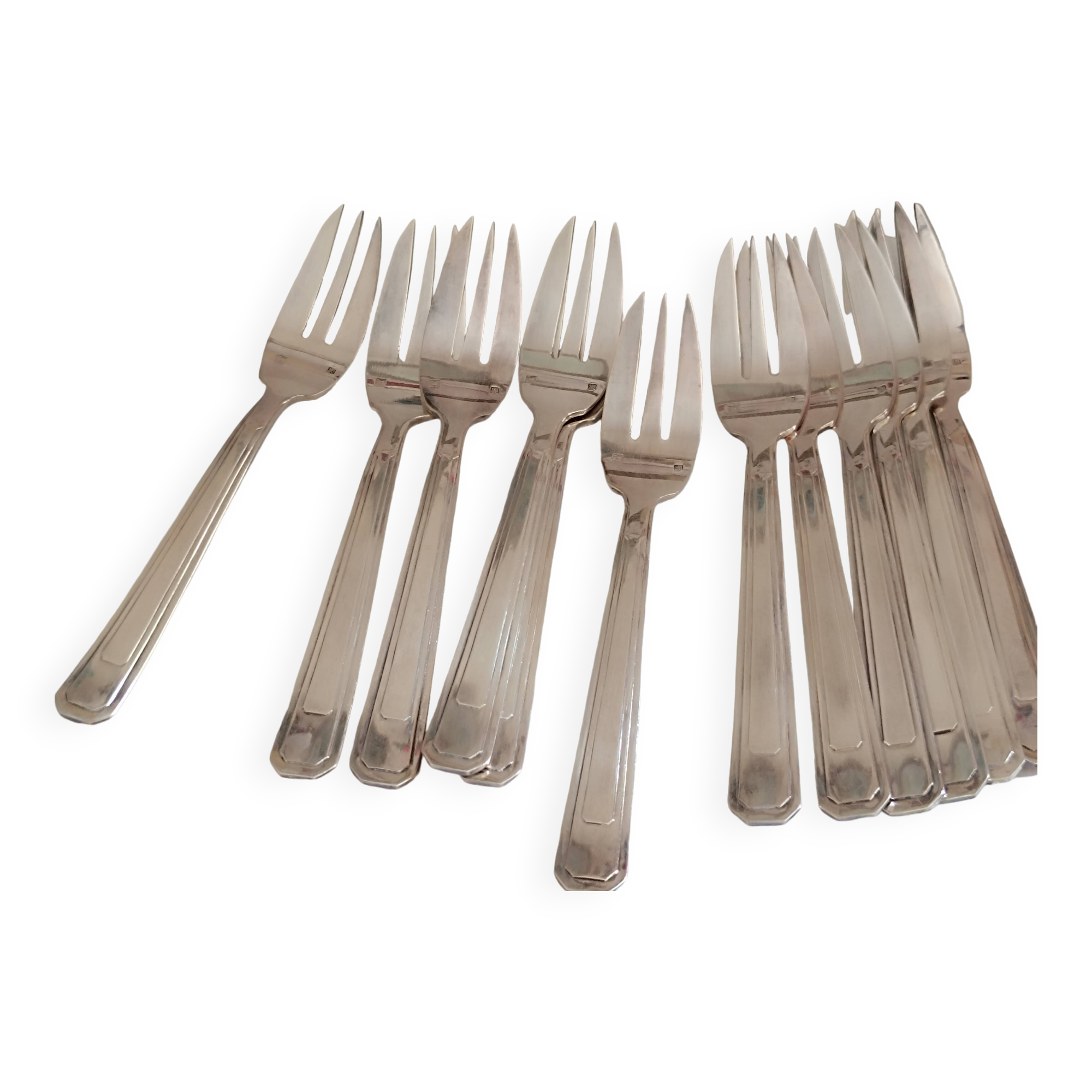 12 silver-plated cake forks. Art Deco. In box.