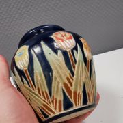 Small delicious blue ceramic vase with floral decoration. Sweden 1970s