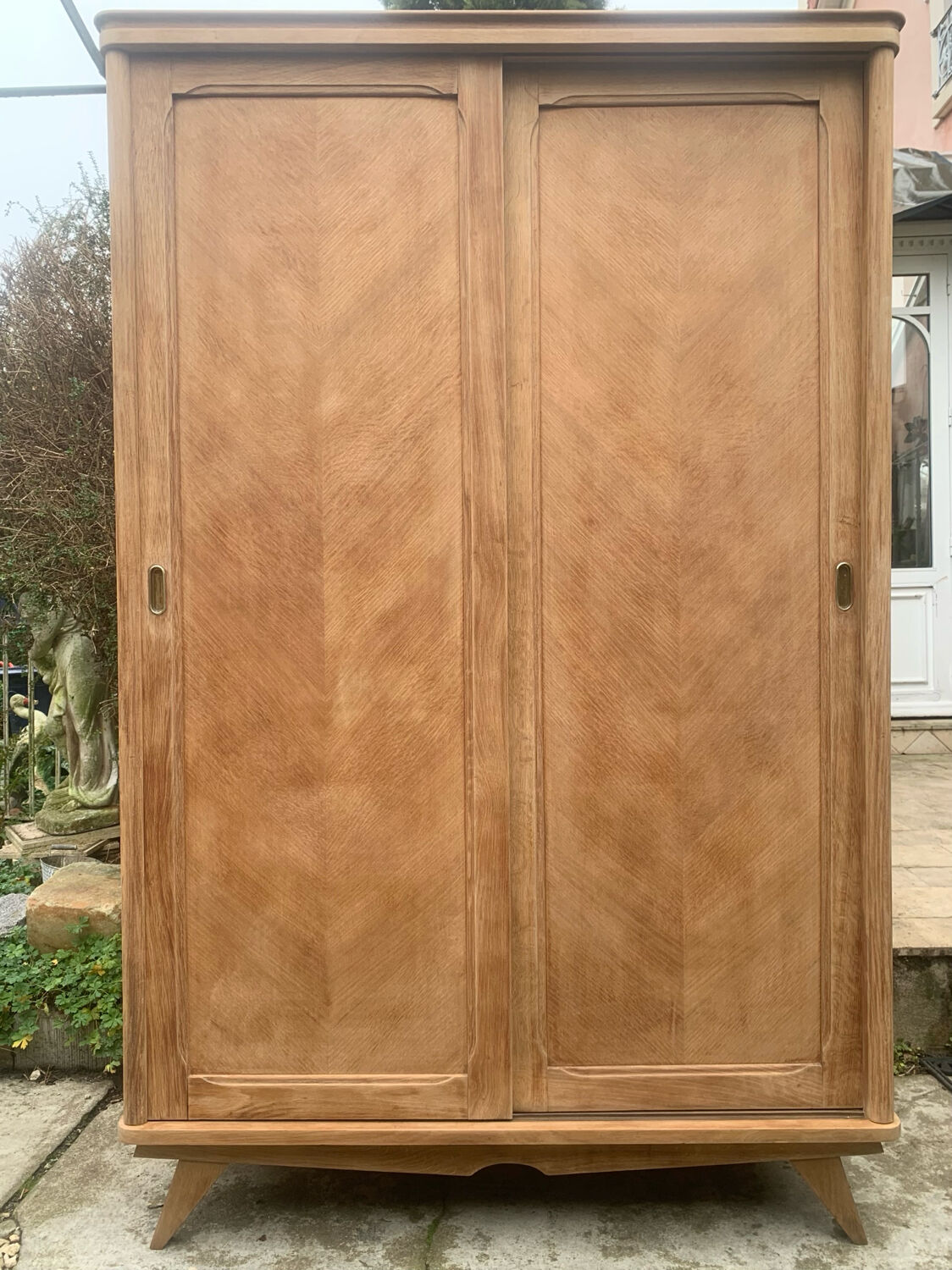 Vintage wardrobe with compass legs in raw wood, sliding doors, 1960s