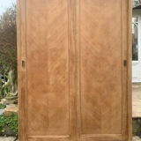 Vintage wardrobe with compass legs in raw wood, sliding doors, 1960s