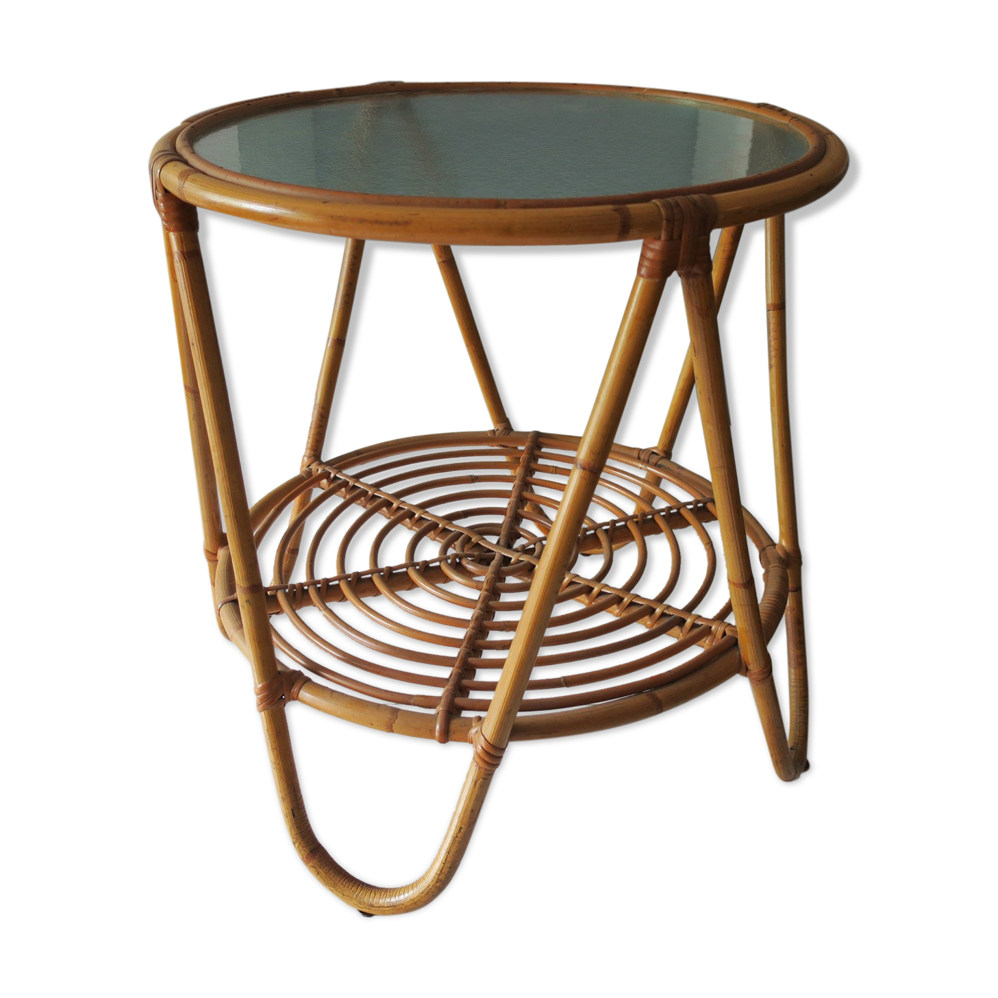 Vintage bamboo and frosted glass cocktail table