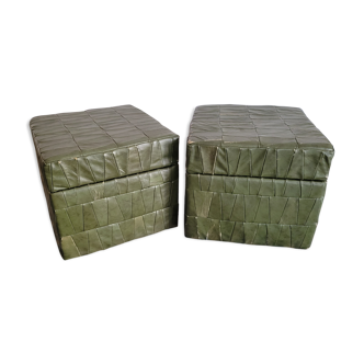 Pair of poufs in green leather