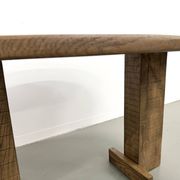 Oval table with T-shaped legs, solid oak, student woodworking project.