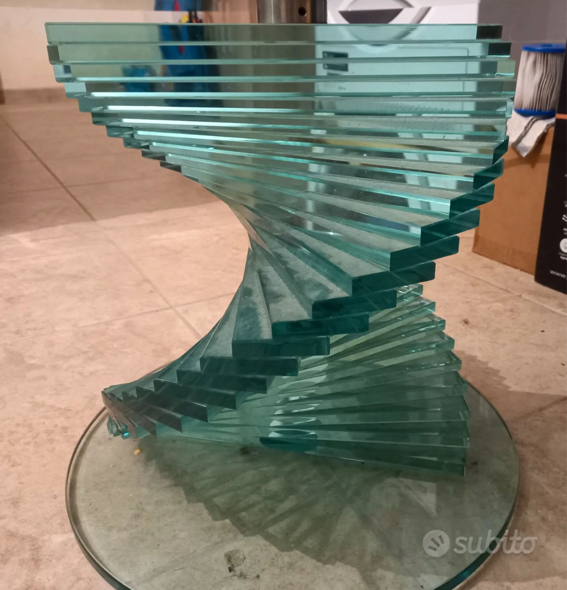90s Sculptural Glass Coffee Table - Aqua Spiral Base