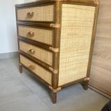Vintage 4-drawer chest of drawers from 1970, rattan and bamboo, excellent condition.