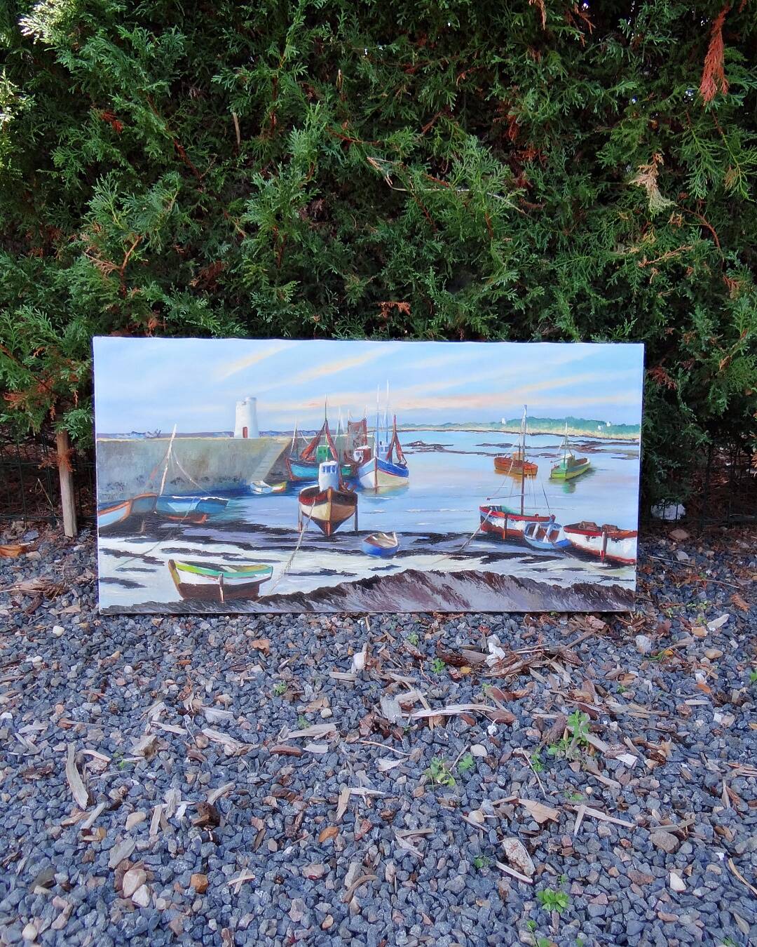 Huile sur toile scène portuaire de Saint Malo signé Jean Pierre Devilliers