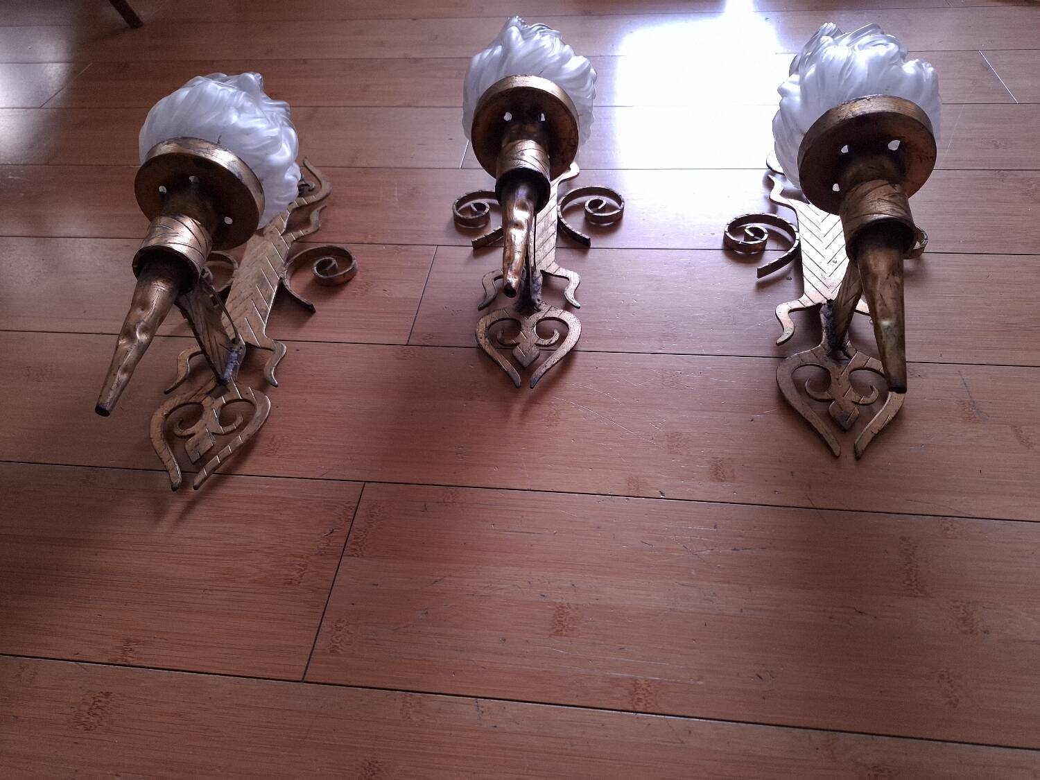 3 gold metal torchere wall lights