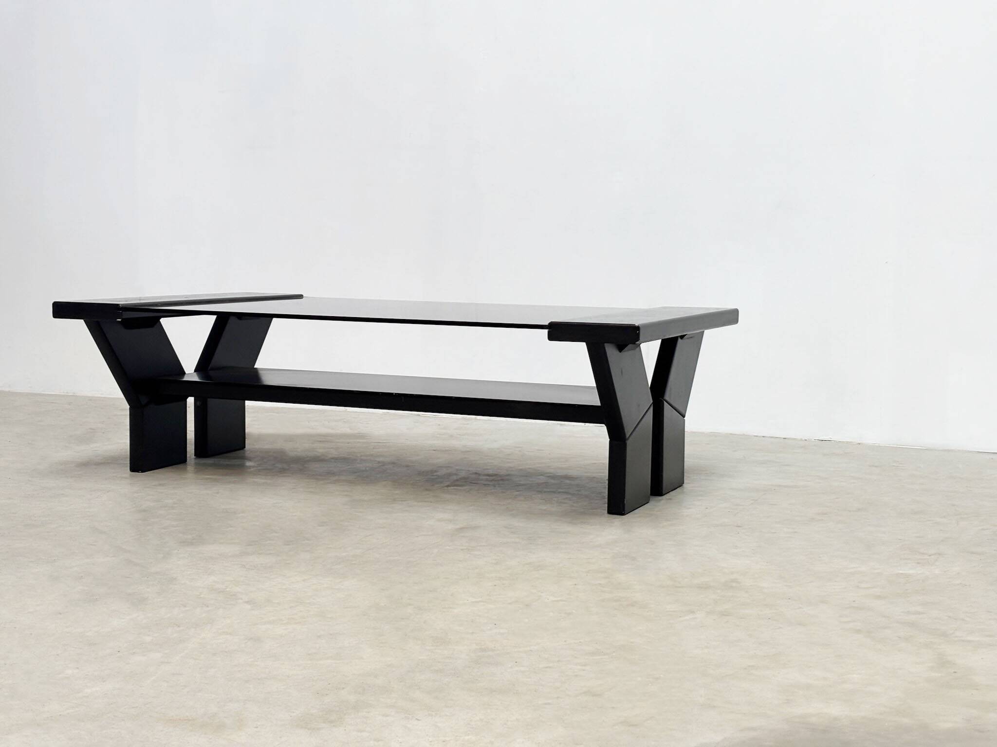 Black lacquered brutalist coffee table