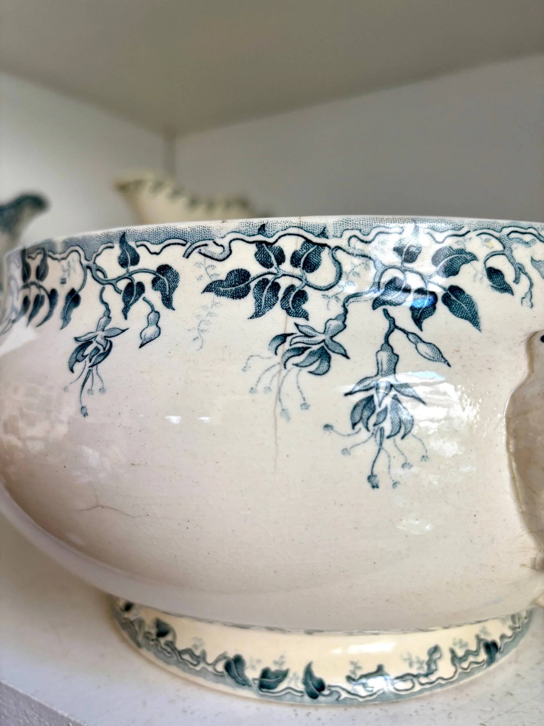 Salad bowl, soup tureen E. Bourgeois in blue ironstone