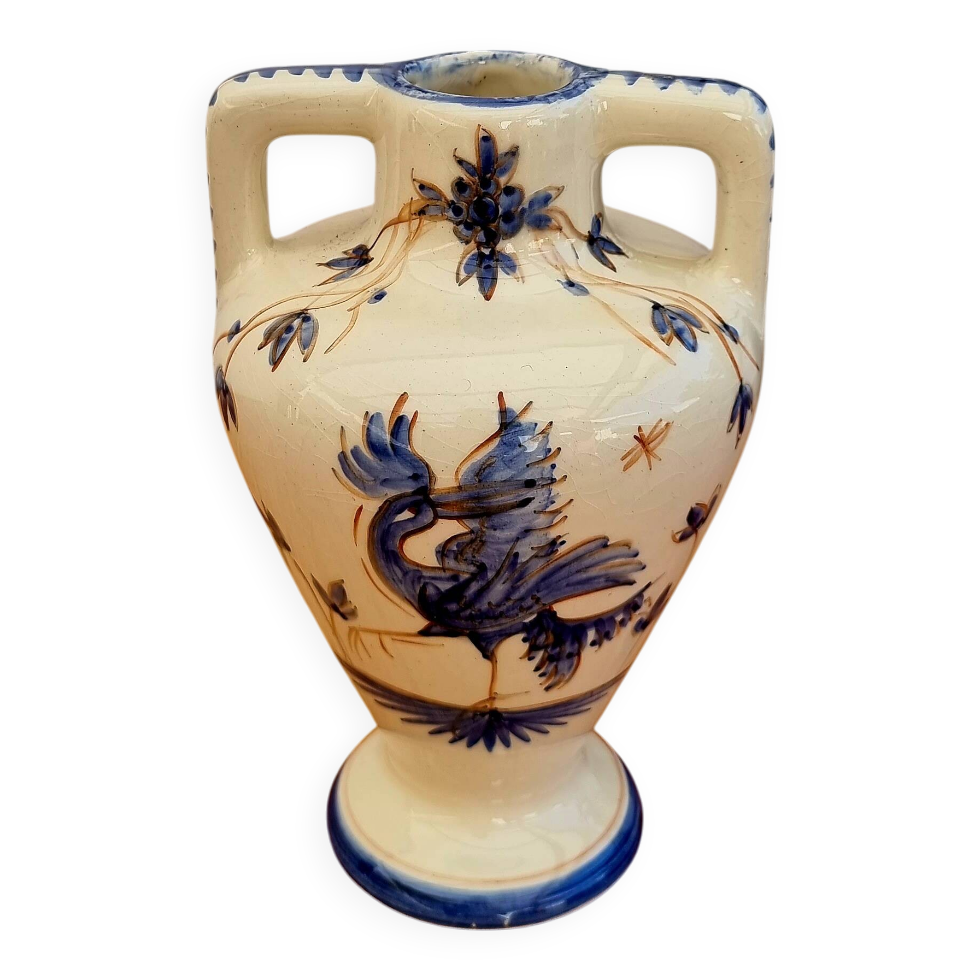 Earthenware vase signed Péguet Grignan – blue decoration – craftsmanship from the Drôme region