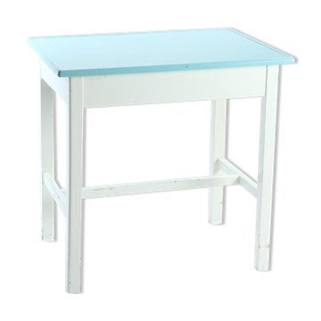Table de ferme en bois blanc et turquoise tchécoslovaque, années 1950