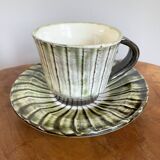 Onta-yaki ware - green and white ceramic teacup with saucer - japanese traditional handmade pottery