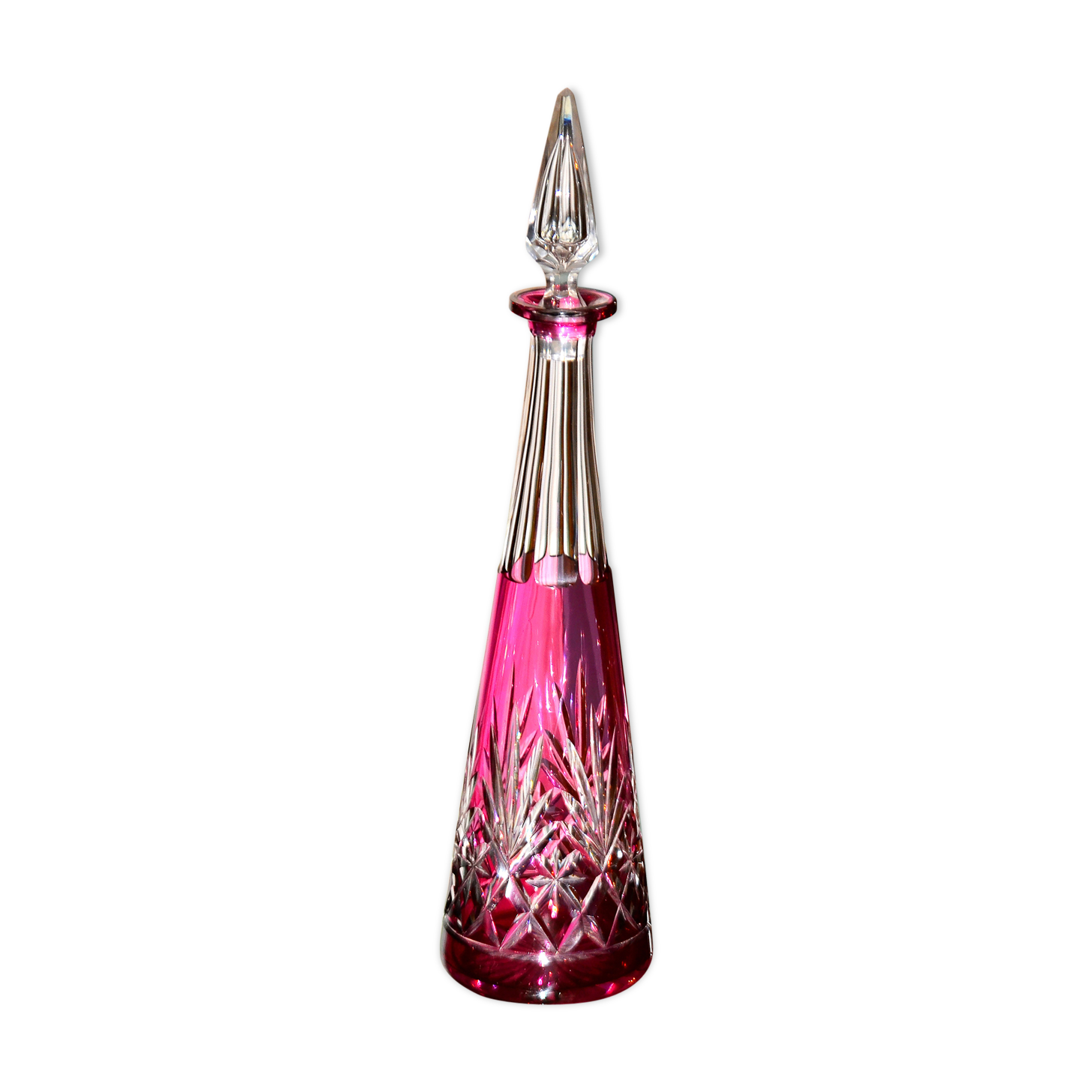 SAINT-LOUIS, Massenet. Tapered Rhine wine carafe, lined-cut crystal.