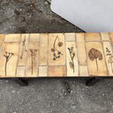 Vintage ceramic coffee table with herbarium decorations by Roger Capron, solid beech base.