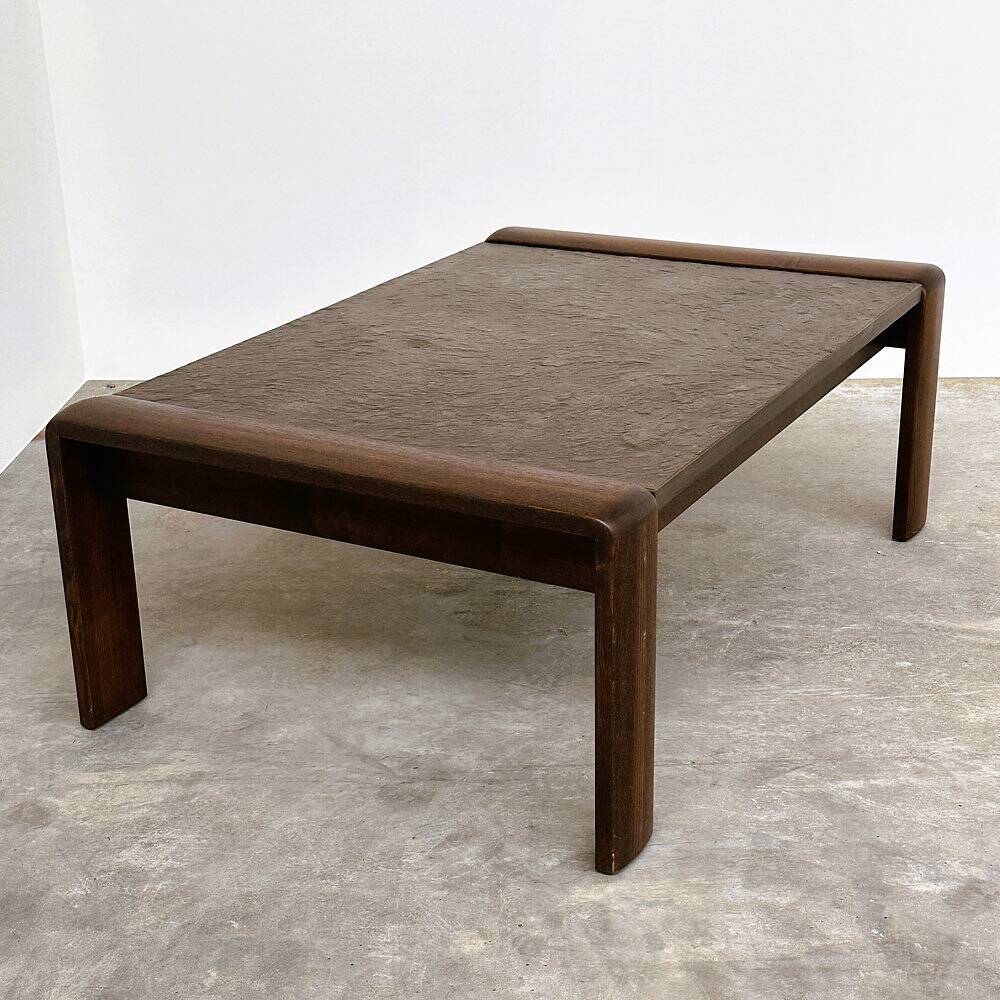 Vintage Belgian oak & fossil slate coffee table, brutalist modern, 1970s
