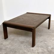 Vintage Belgian oak & fossil slate coffee table, brutalist modern, 1970s