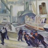 The port, the docks, unloading, dockers, painting signed 20th century HSP