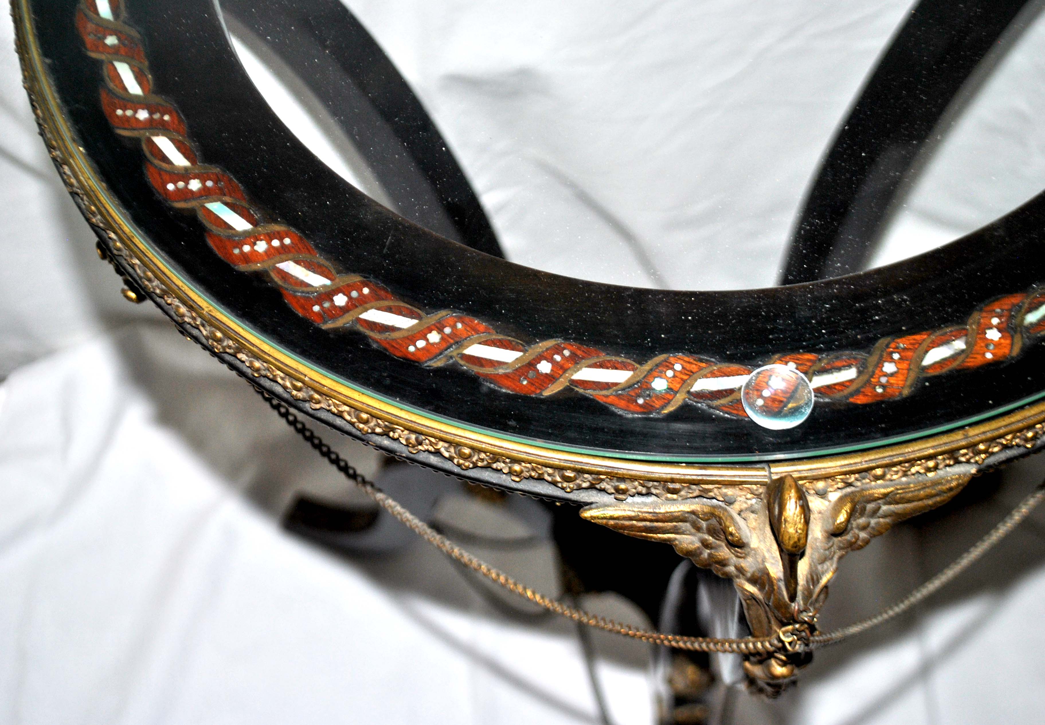 Napoleon III Gueridon Table blackened wood and gilded bronze swan - Mother-of-pearl marquetry top 19th century.