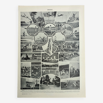 Gravure ancienne 1928, Sports 1, jeux olympique, basket, football • Lithographie, Planche originale