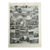 Gravure ancienne 1928, Sports 1, jeux olympique, basket, football • Lithographie, Planche originale