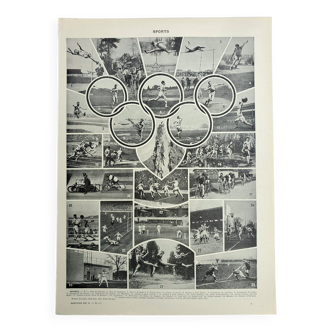 Gravure ancienne 1928, Sports 1, jeux olympique, basket, football • Lithographie, Planche originale