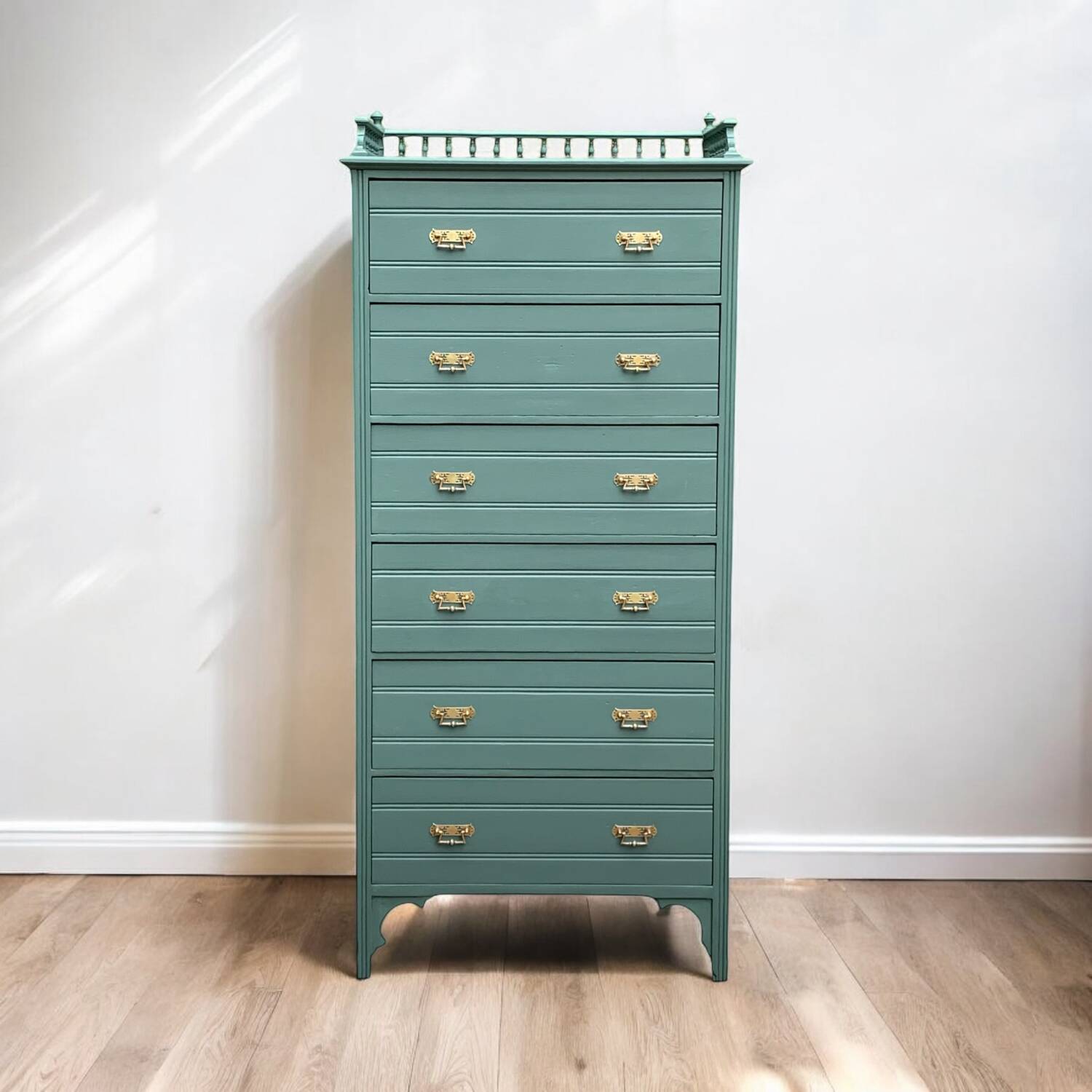 Old grey green high chest of drawers H160