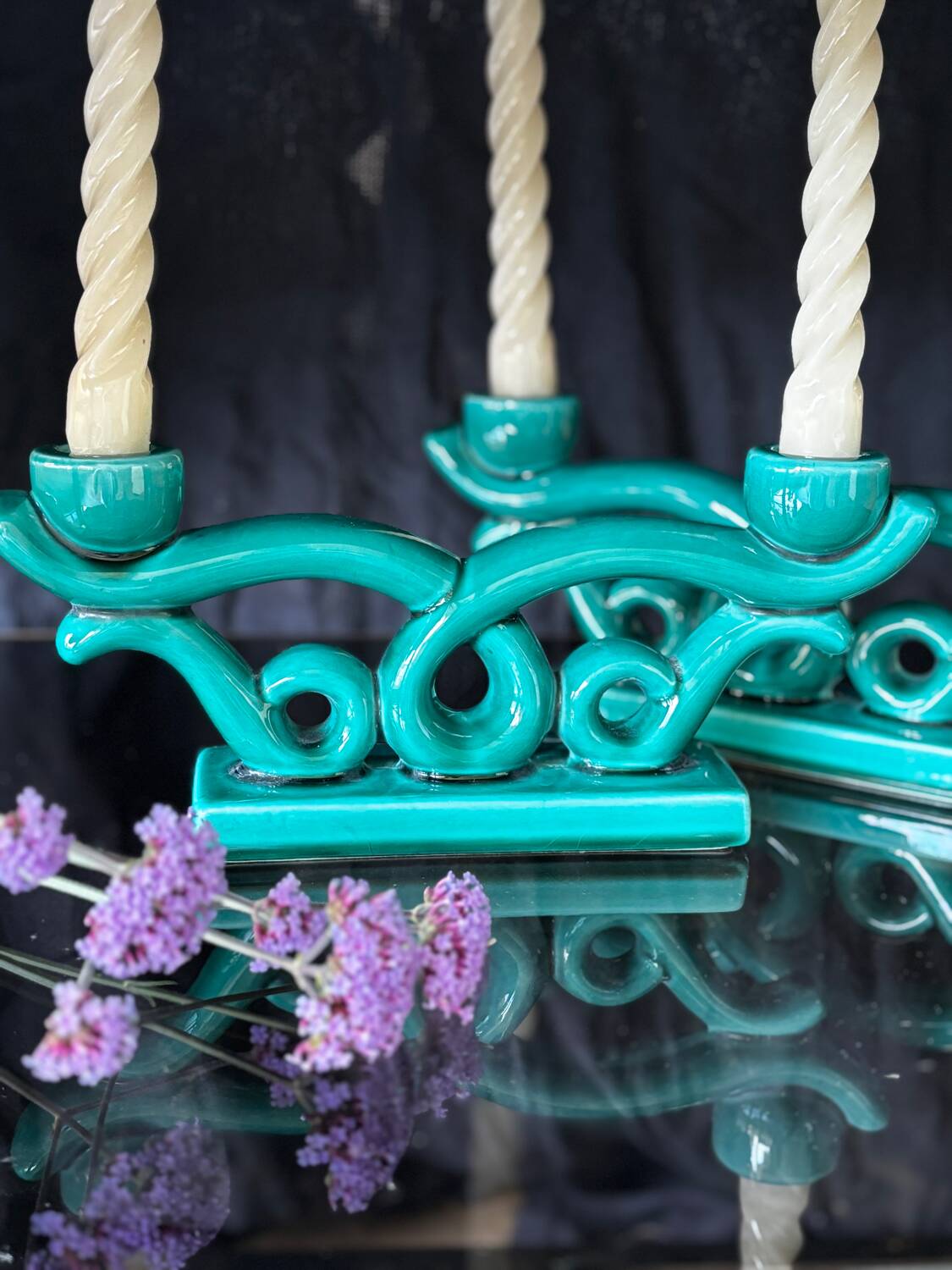 Set of 2 turquoise enamelled ceramic candle holders