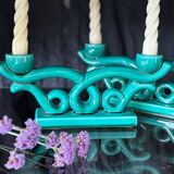Set of 2 turquoise enamelled ceramic candle holders