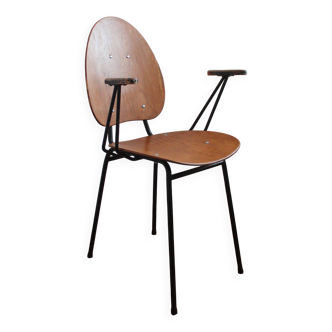 Chaise en bois contreplaqué et en acier style Jacques Hitier, des années 50