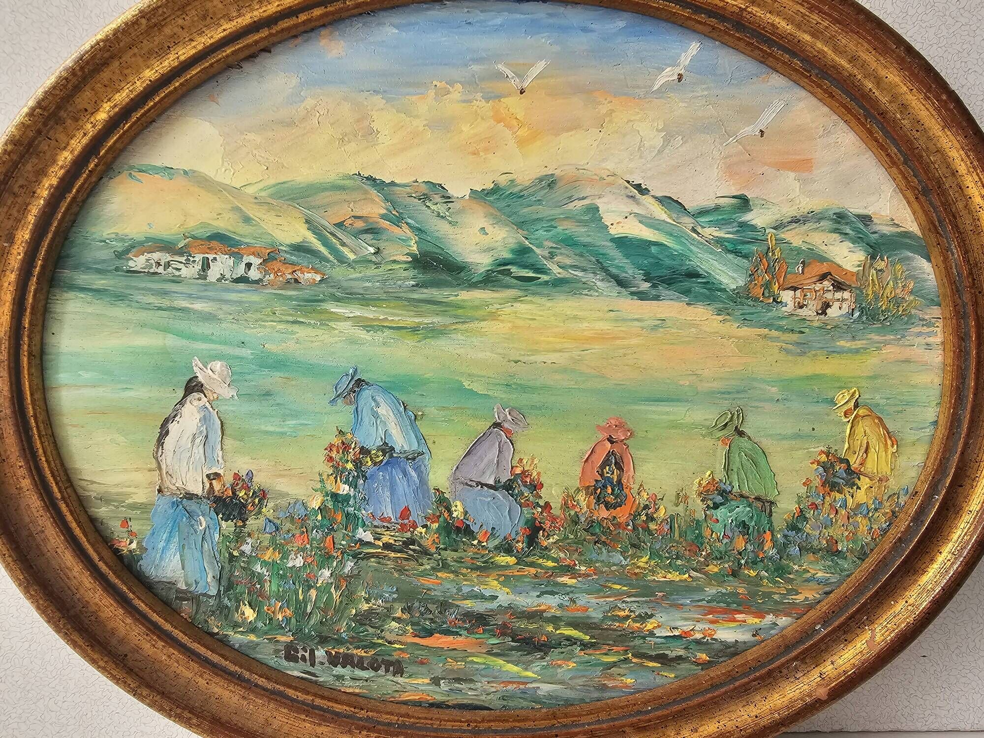 Oil Painting on Panel Landscape Flower Picking Pyrenees Gil Valota