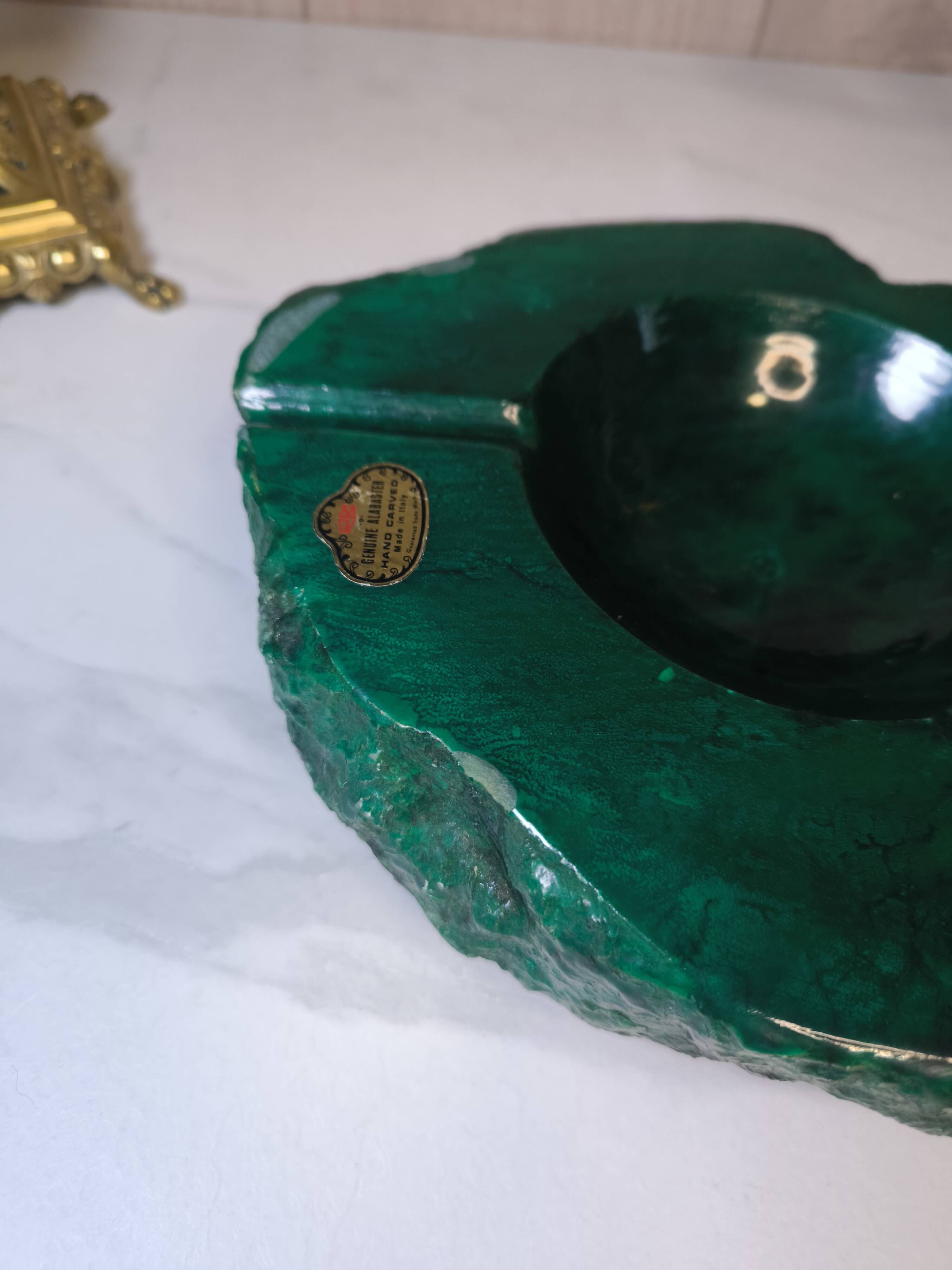 Vintage 70's Desk Set in Green Alabaster Malachite - 3 Pieces - Ita