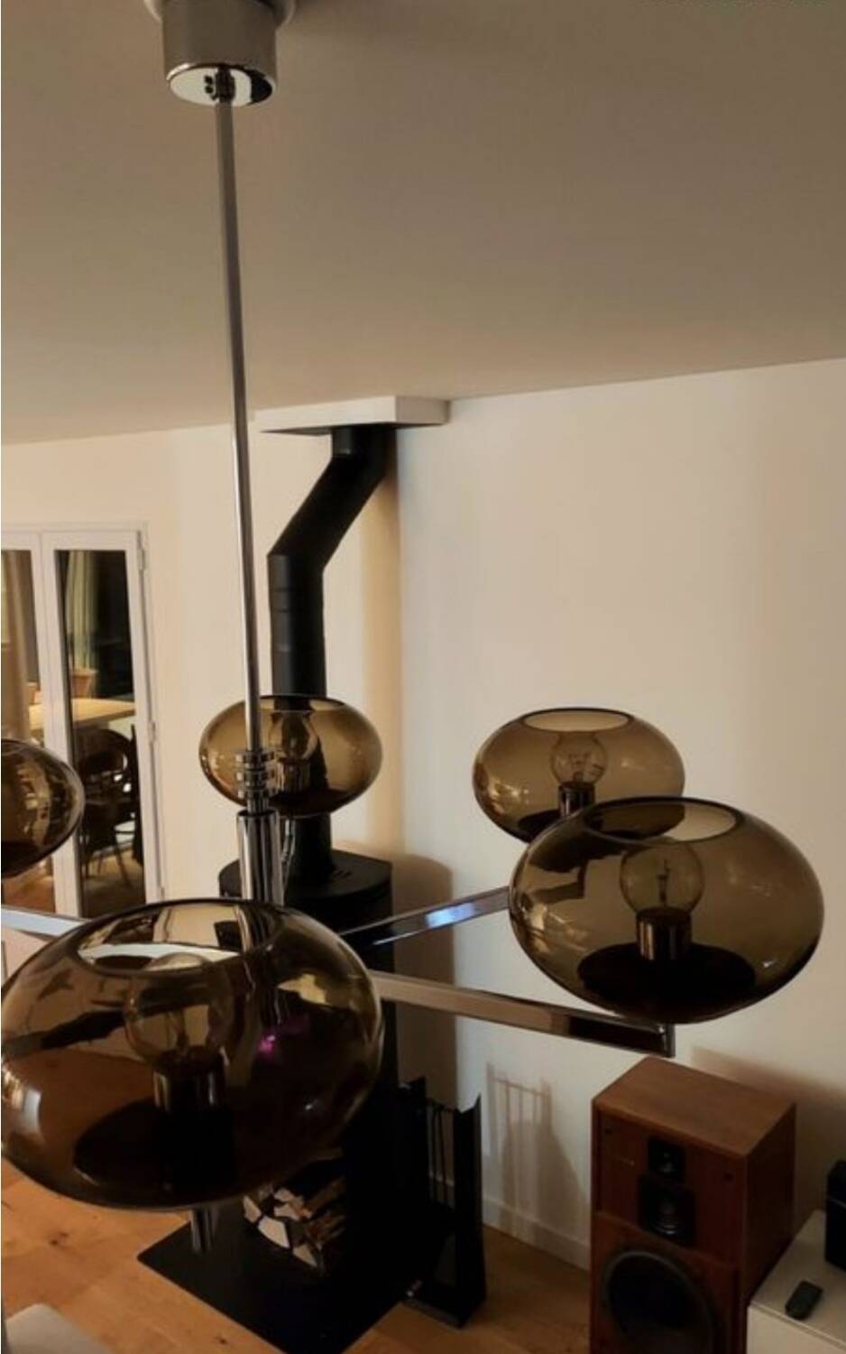 6-light chandelier  Sciolari, chrome and smoked glass