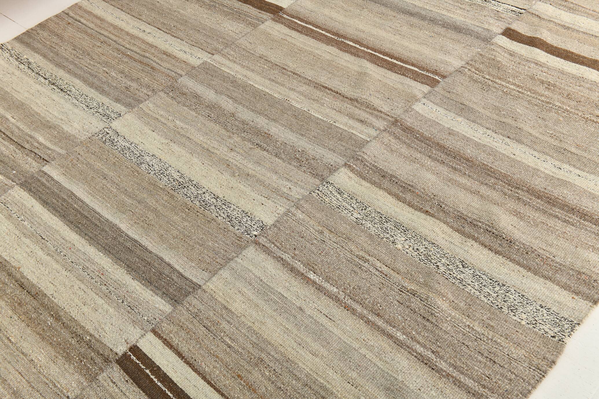 Naturel Wool Beige and Stone Grey Turkish Wool Kilim Rug, 233x293 Cm