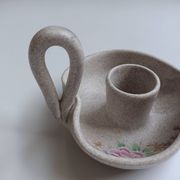 Vallauris grey candle holder with pink flowers, signed.
