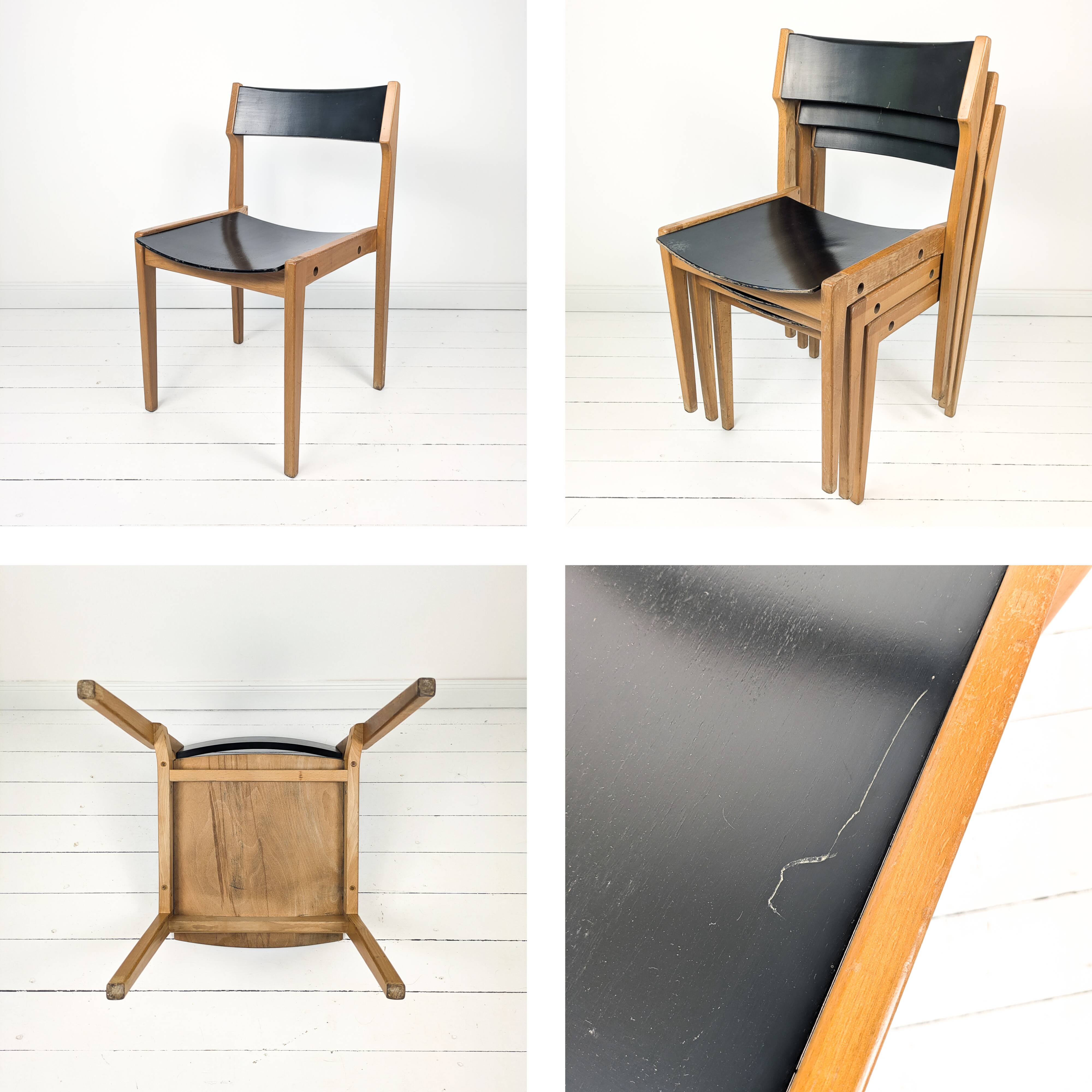 Chaise empilable vintage design danois en bois noir style scandinave Mid-Ce