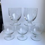 Set of 5 round crystal wine glasses engraved 50s