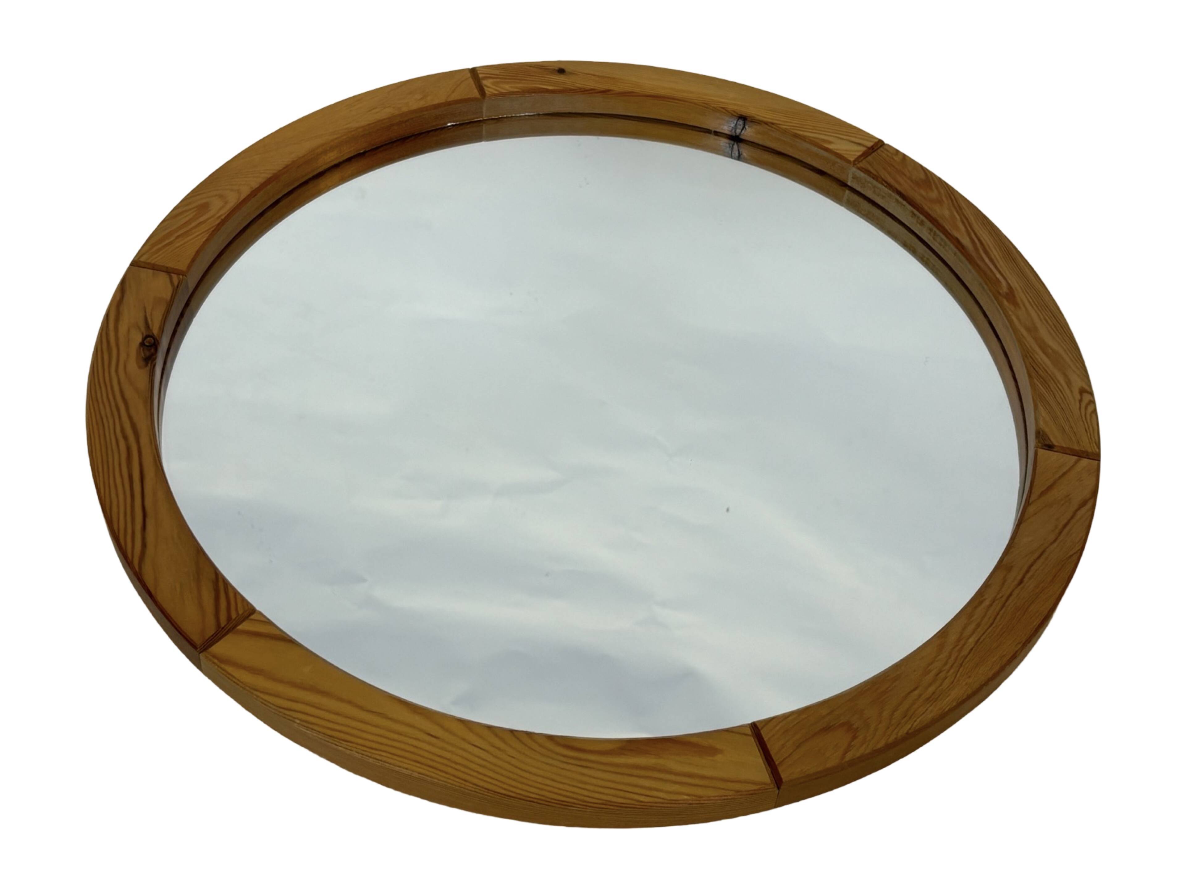 Vintage 70s round pine mirror Swedish design