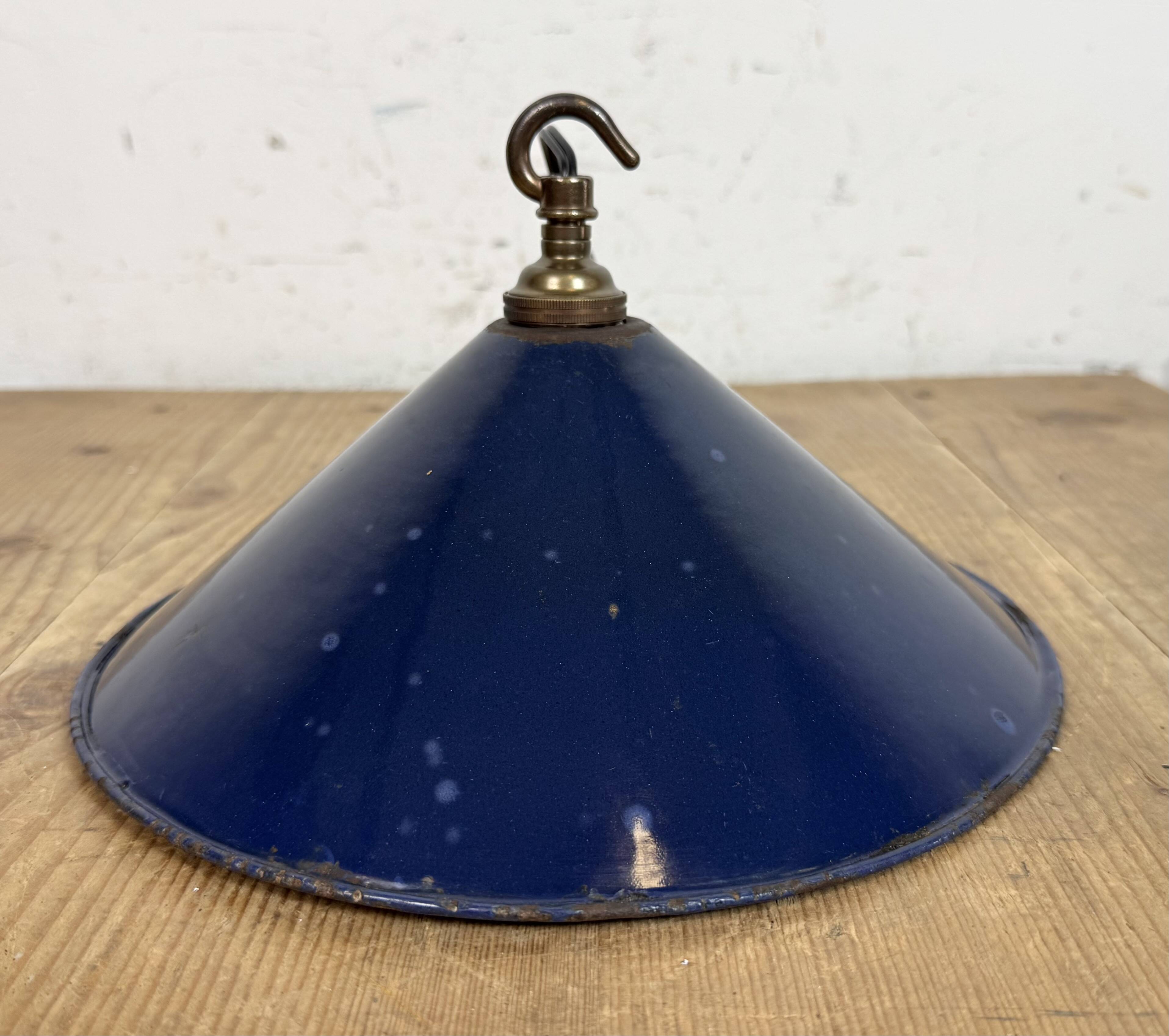 Industrial British Dark Blue Enamel Factory Pendant Lamp, 1950s