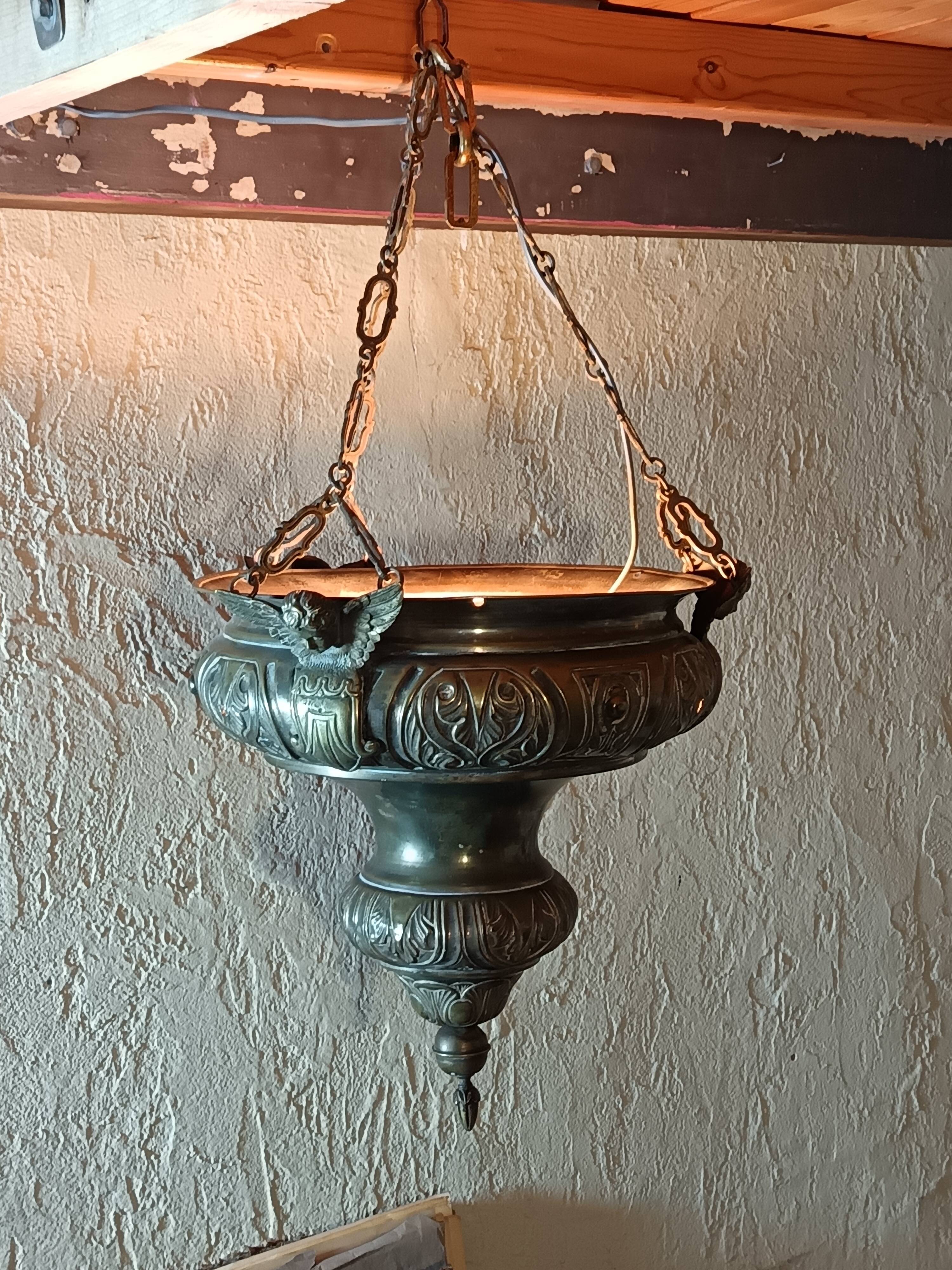 Chandelier / sanctuary lamp / church pendant light / copper and bronze censer