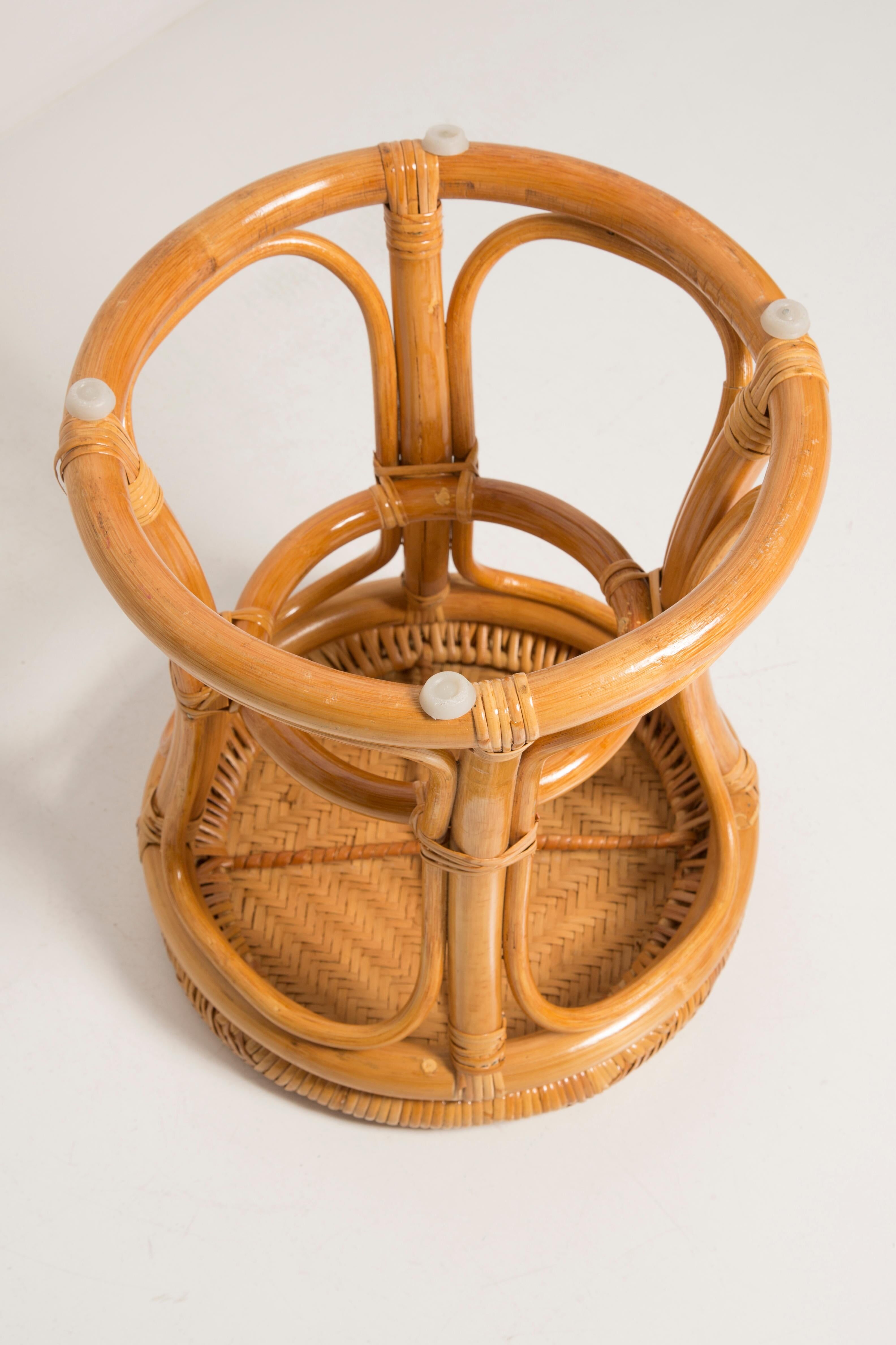 Unique mid-century hand-painted rattan and wood base, stool and side table, Germany, 1970s.