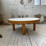 Round coffee table white ceramic and wood