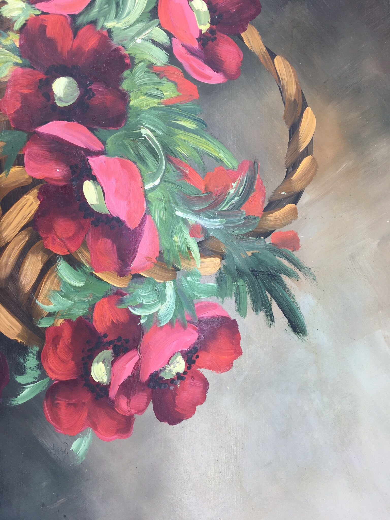 Still life painting with a basket of flowers from the 70s